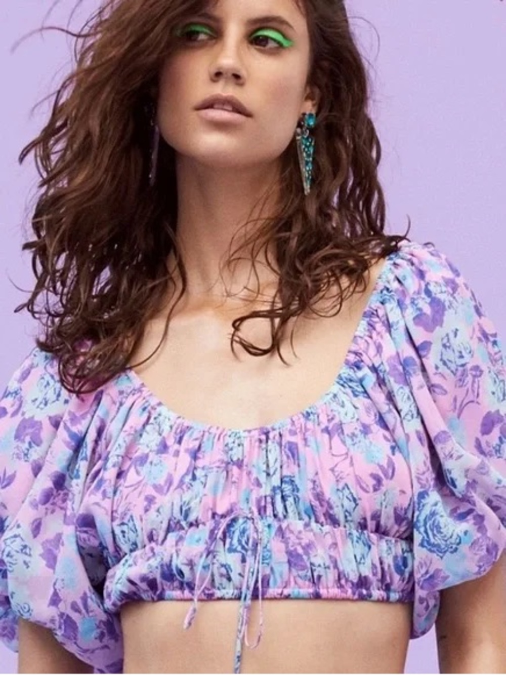 For Love & Lemons Lavender Floral Puff-Sleeve Crop Top - Women